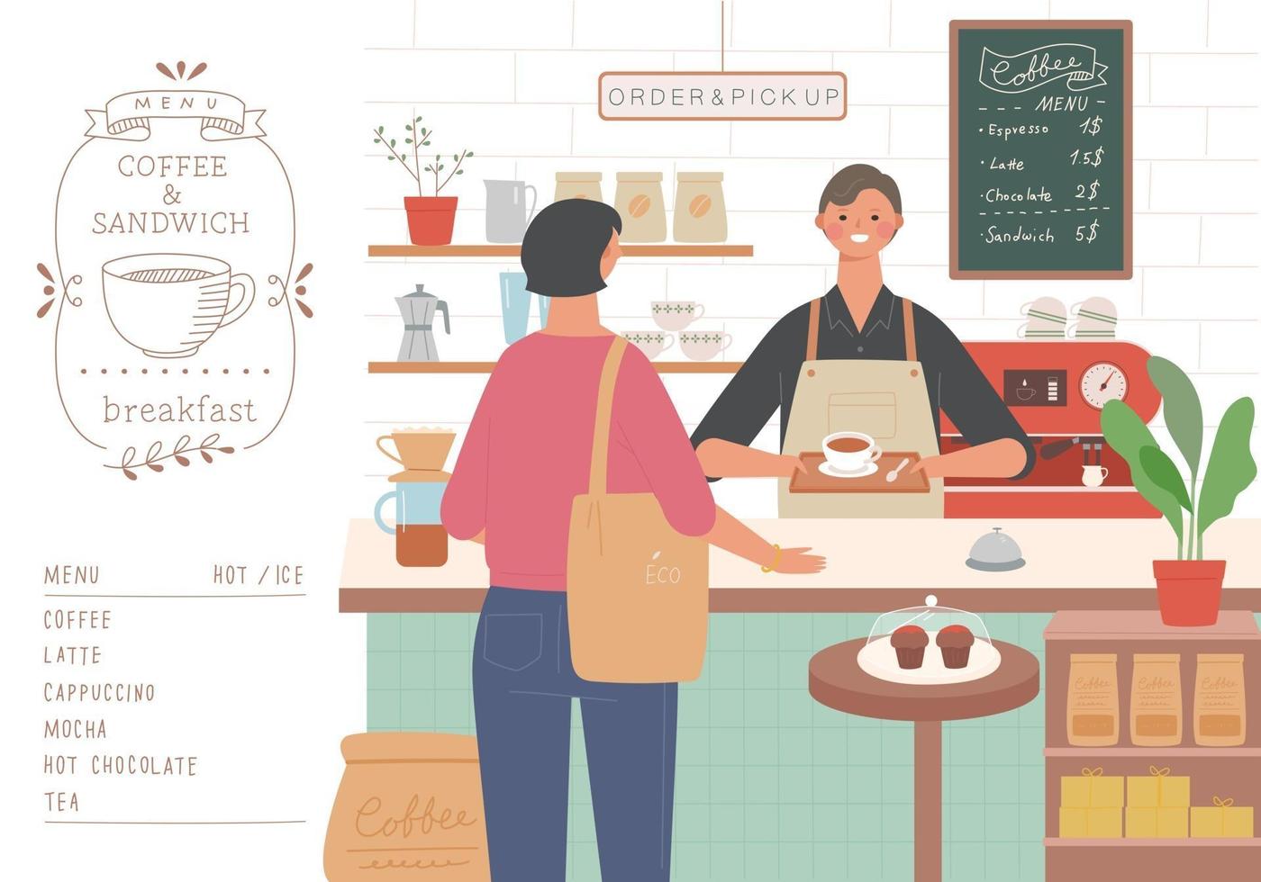 A cafe customer places an order and a barista is handing out coffee. vector
