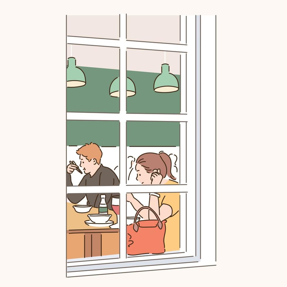 People eating in the restaurant can be seen through the window. hand drawn style vector design illustrations.