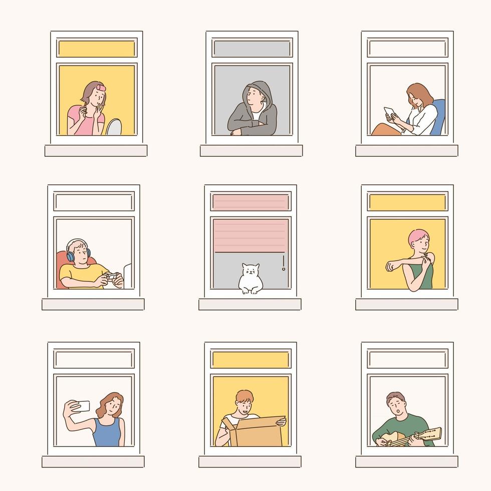 Neighbors seen through the window of the apartment. hand drawn style vector design illustrations.
