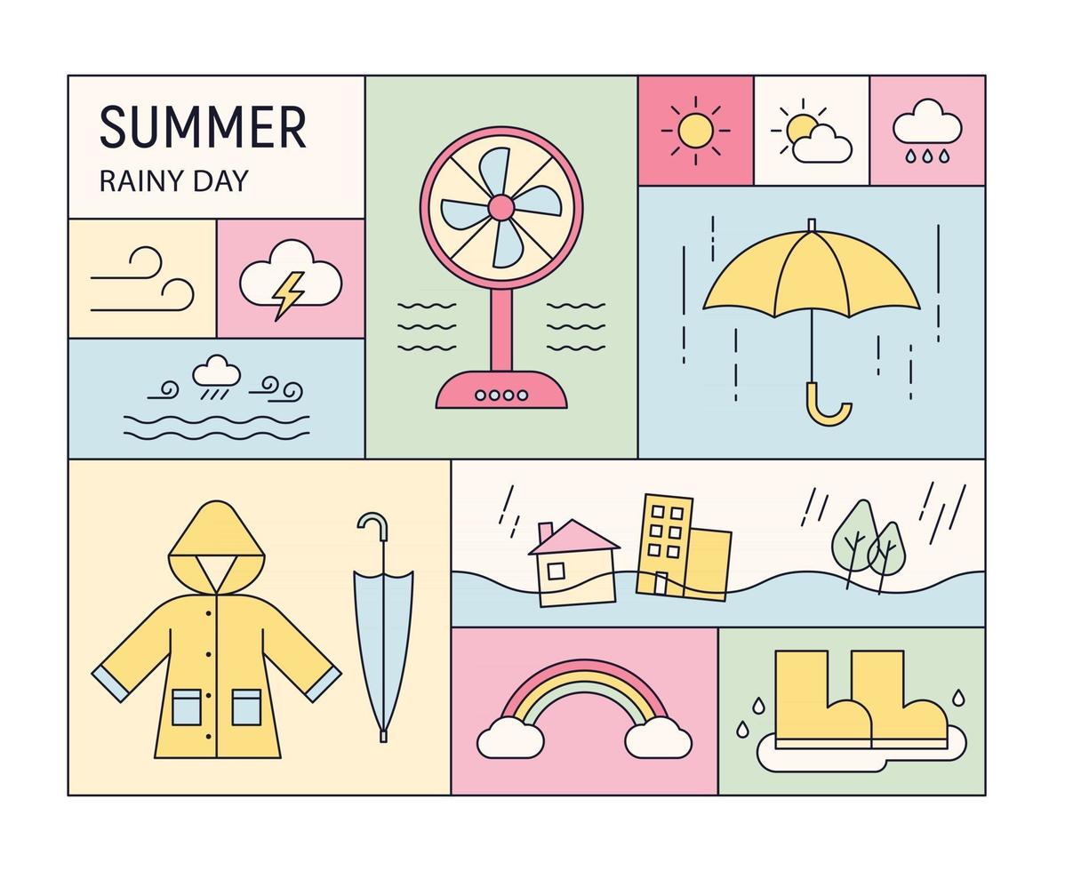 Los iconos y objetos de la temporada de verano y de lluvias están dispuestos en un diseño acolchado. esquema simple ilustración vectorial. vector