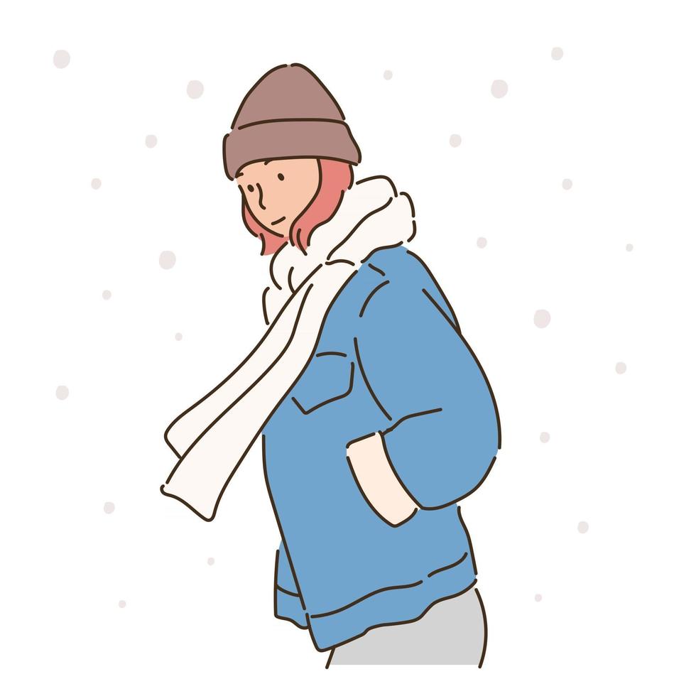 una mujer con un gorro de invierno y una bufanda está golpeando la nieve. ilustraciones de diseño de vectores de estilo dibujado a mano.