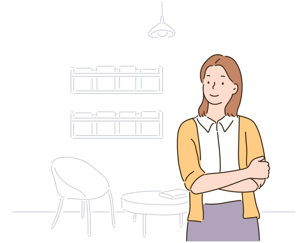 A woman is standing with her arms crossed. hand drawn style vector design illustrations.