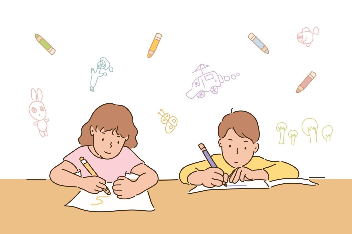 Cute boy and girl are sitting at the desk and studying. hand drawn style vector design illustrations.