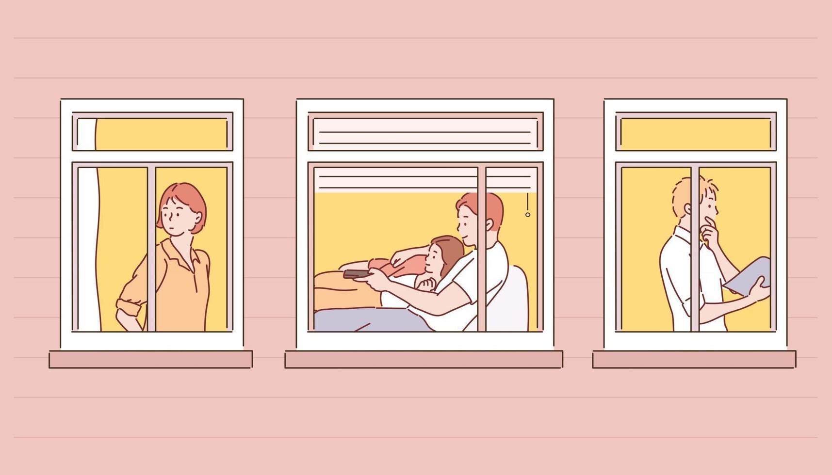 a través de las ventanas del edificio se puede ver a las personas que viven en él. ilustraciones de diseño de vectores de estilo dibujado a mano.