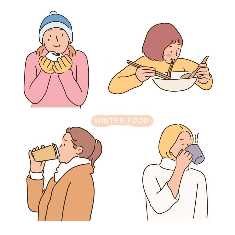 gente comiendo comida caliente de invierno. ilustraciones de diseño de vectores de estilo dibujado a mano.