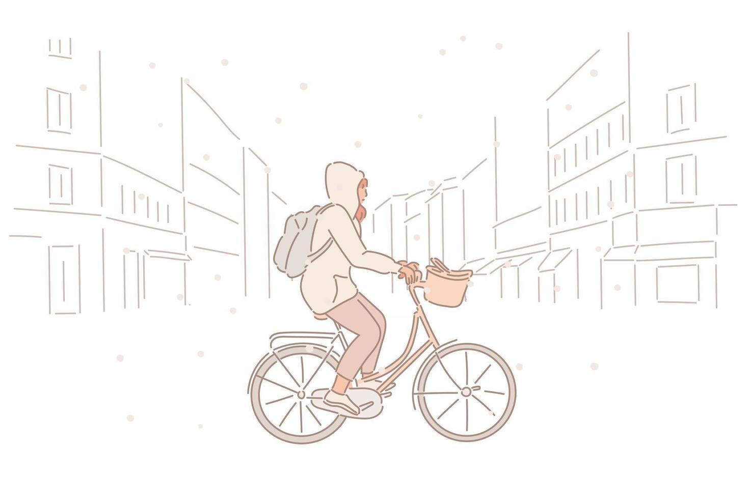 A woman is riding a bicycle through the street on a snowy day. hand drawn style vector design illustrations.