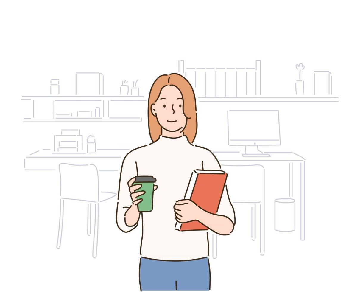 A woman is standing with a book in one hand and coffee in the other. hand drawn style vector design illustrations.