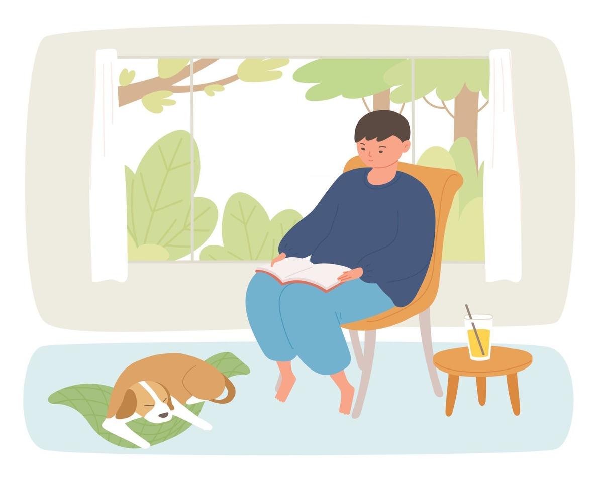 Outside the window is a garden view and a boy is reading a book. A dog is sleeping under his feet. vector