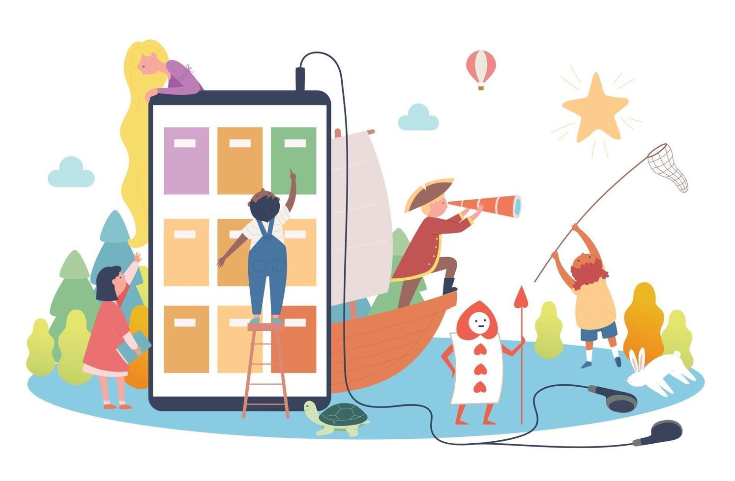 Digital book concept. Children are choosing a book on a giant cell phone and fairy tale characters are popping around. vector