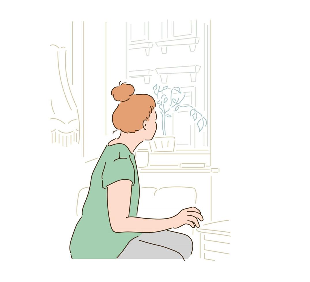 una mujer está mirando por la ventana. ilustraciones de diseño de vectores de estilo dibujado a mano.