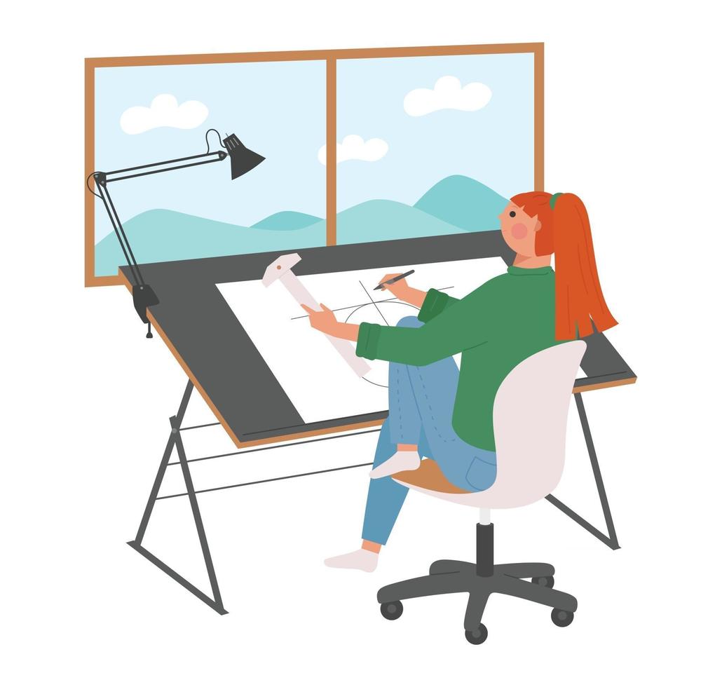 A woman is sitting at a design table and drawing a drawing. vector