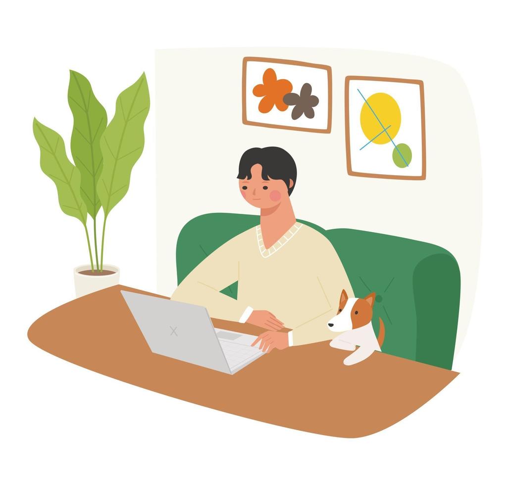 A man is sitting on the sofa and looking at a laptop, and a dog is next to him. vector