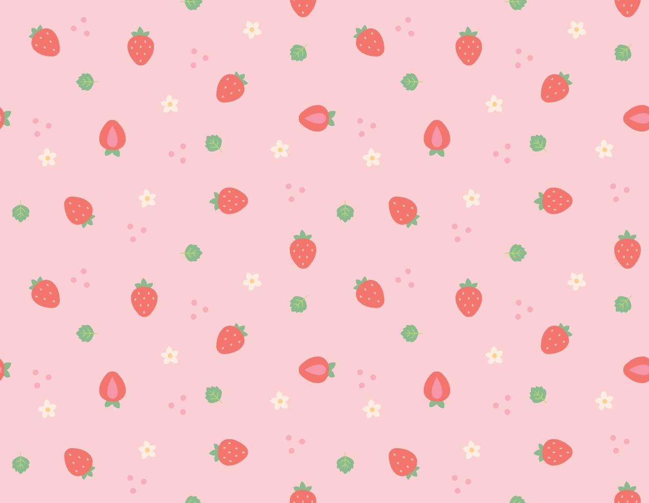 A pattern background with small and cute strawberries and flowers and leaves arranged randomly. Simple pattern design template. vector