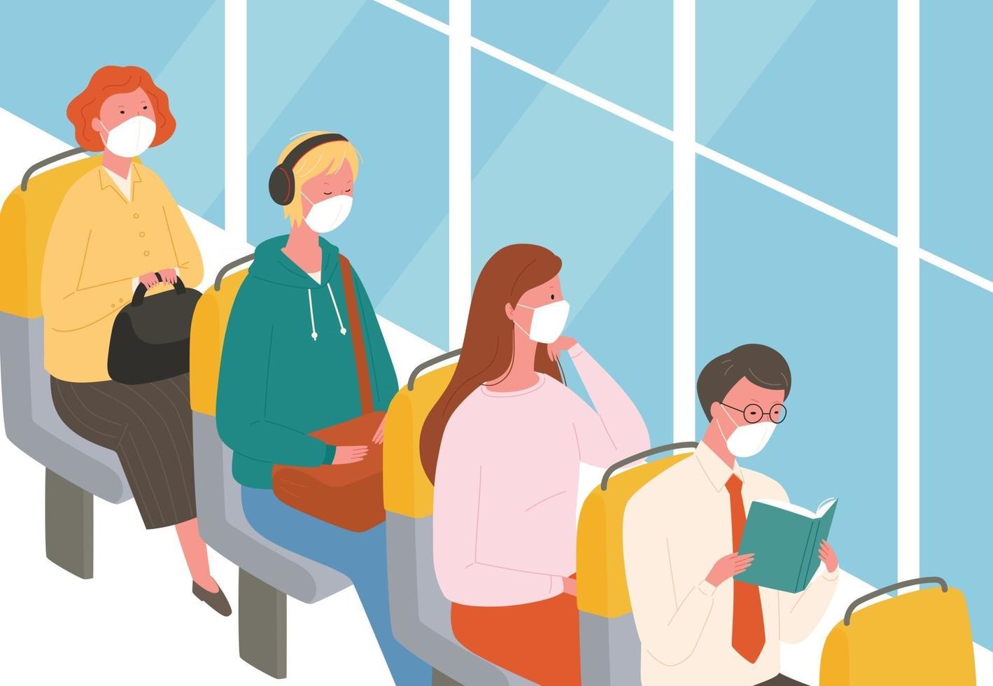 Passengers on the bus wearing masks. vector