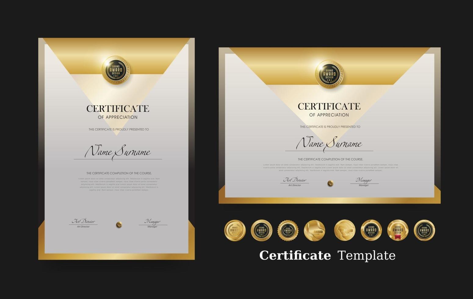 Certificado de plantilla de reconocimiento y diseño de insignias premium de lujo de vector