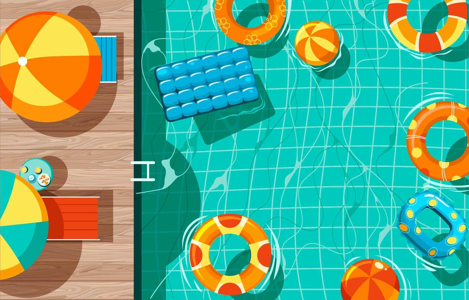 Swimming Pool with Stair and Wooden Deck and Swim Rings on Top View vector