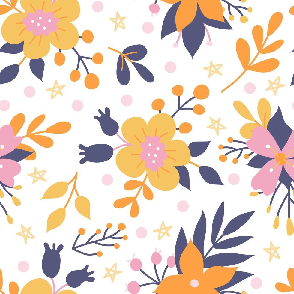 Cute colorful plants and flowers. Vector floral seamless pattern on white background in flat doodle style. Wallpaper, packaging paper design and fabric printing