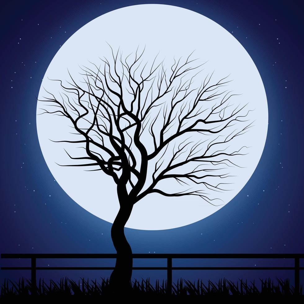 silueta de árbol sobre una luna en un cielo nocturno oscuro vector