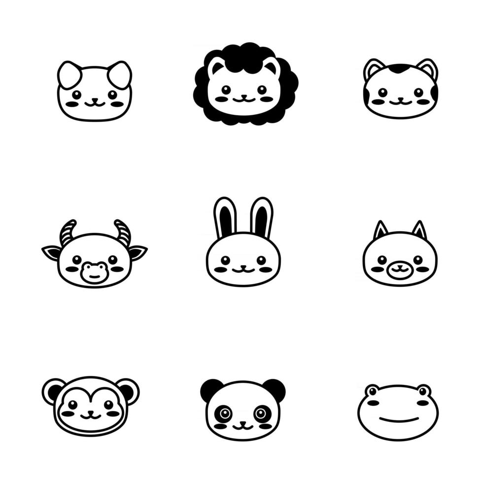 línea editable, trazo. conjunto de iconos de cabeza de cara. animal kawaii. lindos personajes de dibujos animados. impresión divertida de los niños del bebé. Fondo blanco. aislado. colección de símbolos de contorno. vector