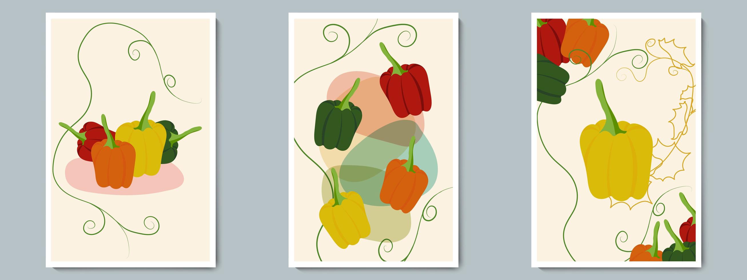 Bell Pepper Poster Set. Minimalist Vegetables with Simple Shape, Contour and Green Leaves. Vector