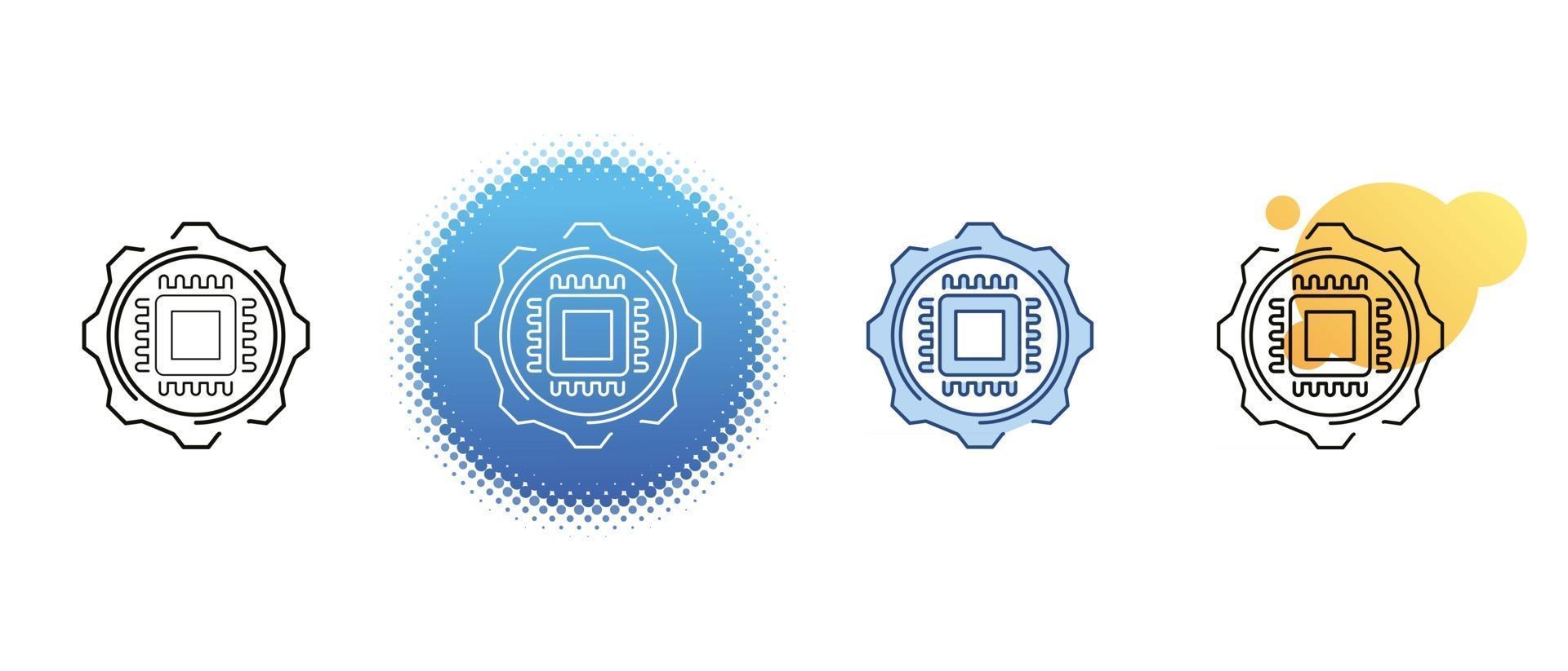 This is a set of contour and color icons of the computer processor in the form of a gear vector
