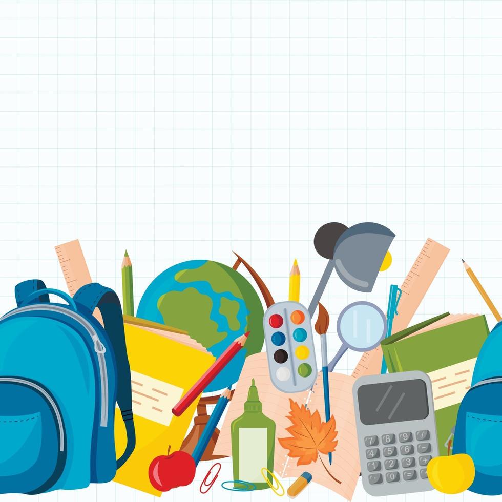 Vector seamless pattern with school supplies. Globe, Backpack, pencils, pens, Paper clips, Calculator