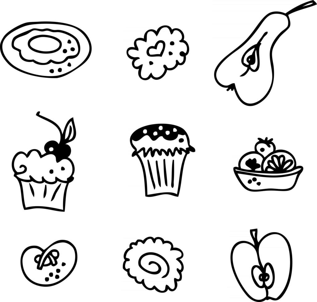 conjunto de pasteles y frutas en blanco y negro iconos para decoración y diseño vector