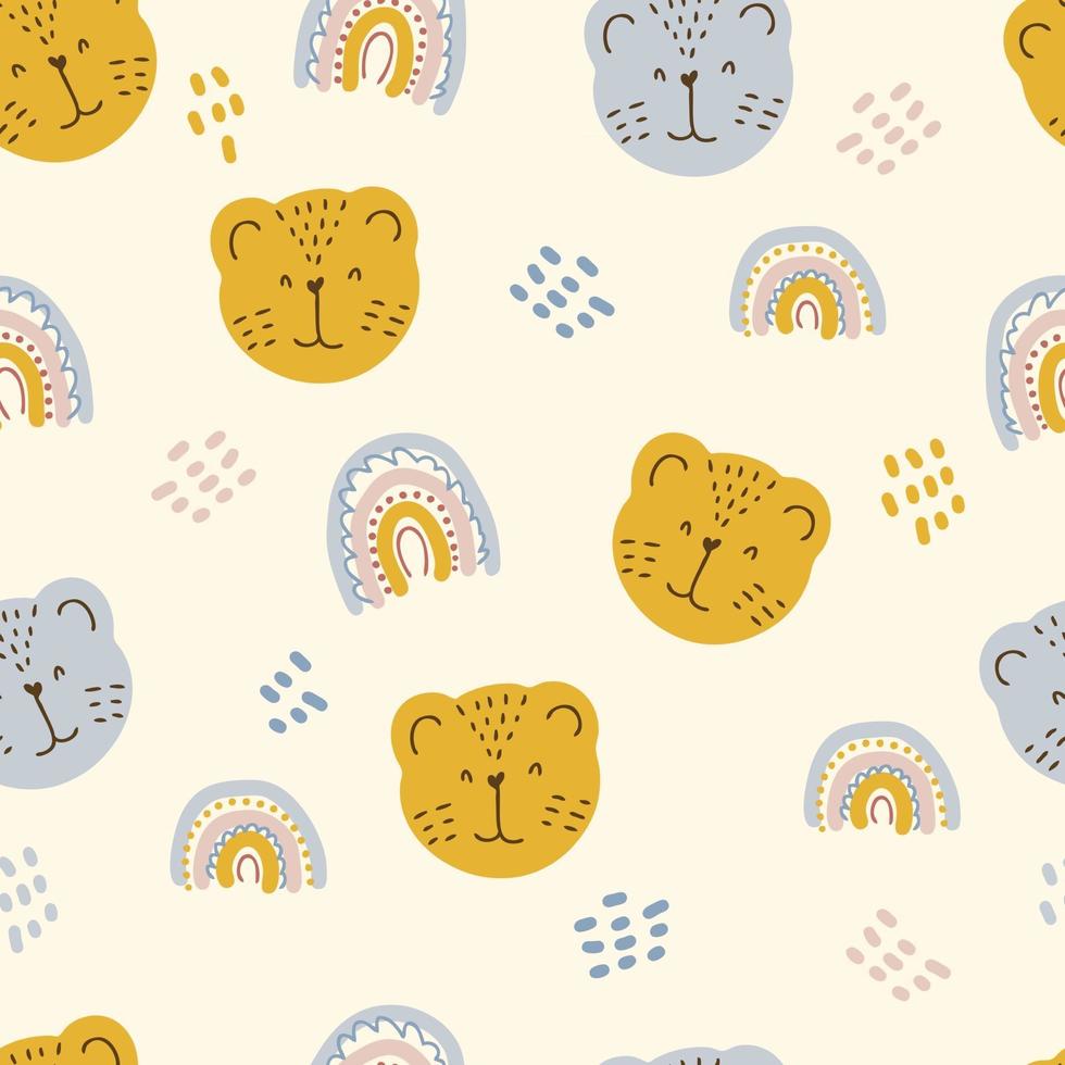 Multi-color seamless pattern of tiger muzzles and rainbows vector