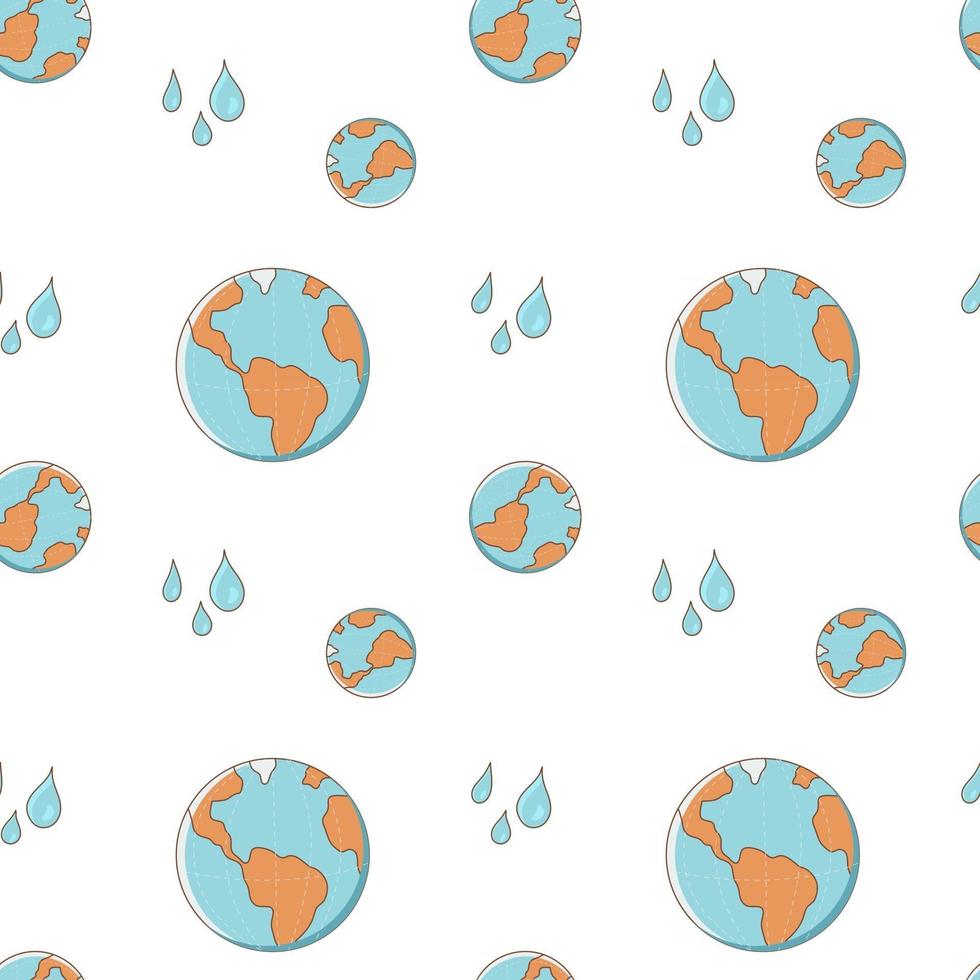 Seamless pattern with planet Earth and water drops on a white background. Vector endless texture in cartoon style