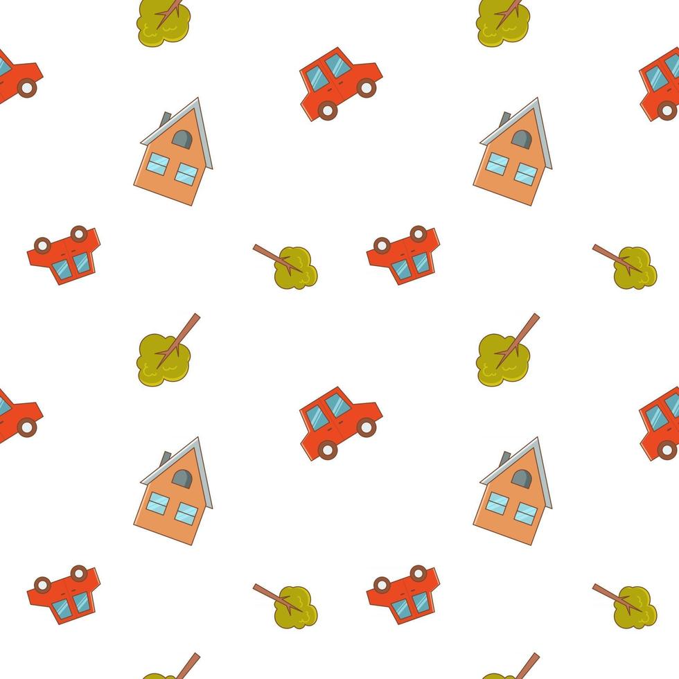 Seamless children's pattern with a red car, a tree and a house on a white background. Vector endless texture for kid's design