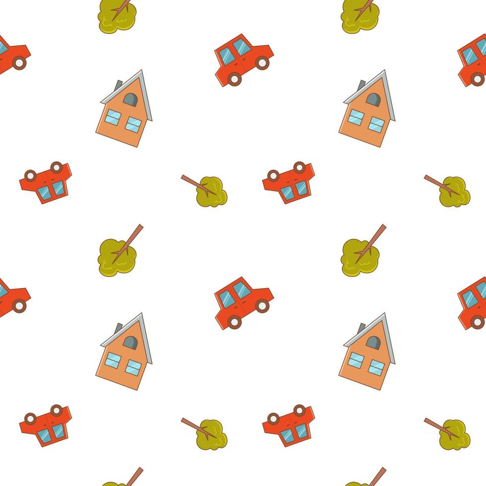 Seamless children's pattern with a red car, a tree and a house on a white background. Vector endless texture for kid's design