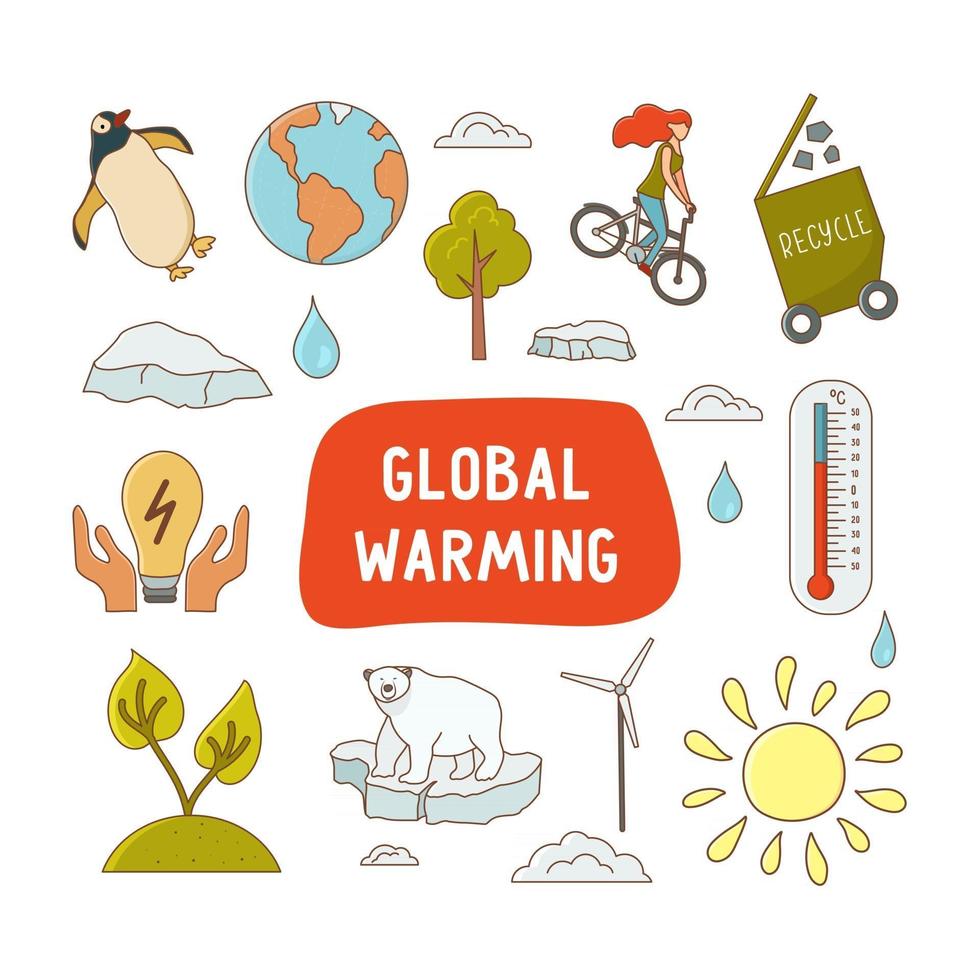 icono de calentamiento global con texto aislado sobre fondo blanco. iconos de animales árticos, termómetro, molino de viento, sol, reciclaje, comida ecológica, ahorrar energía, ciclismo. ilustración vectorial vector