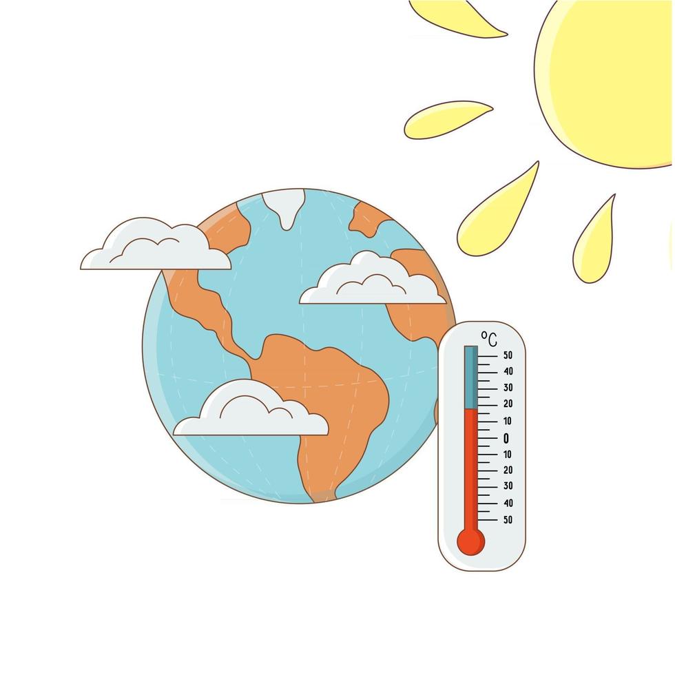 Global warming and climate change concept. The sun's rays are falling on the planet Earth, the thermometer shows a high air temperature. Vector illustration