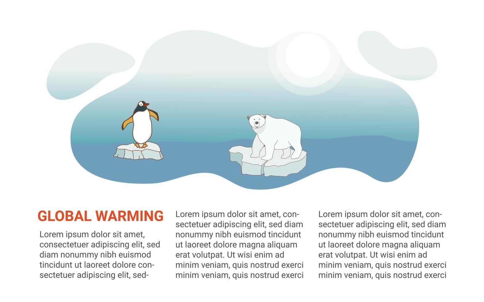 Web banner template about global warming and climate change. A polar bear with and a penguin swims on an ice floe in the Arctic. Vector illustration