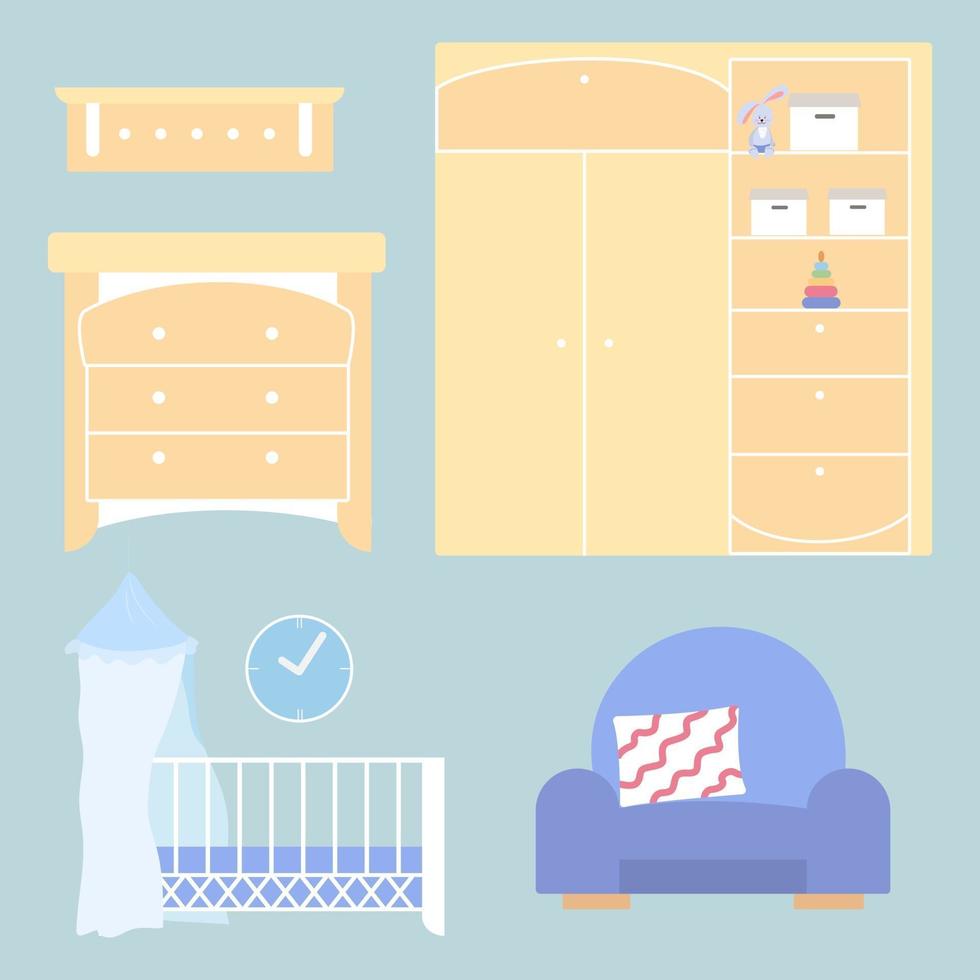 A set of children's furniture for the nursery. Vector design elements baby cot, wardrobe with toys, chest of drawers, shelf, armchair with pillow isolated on the background