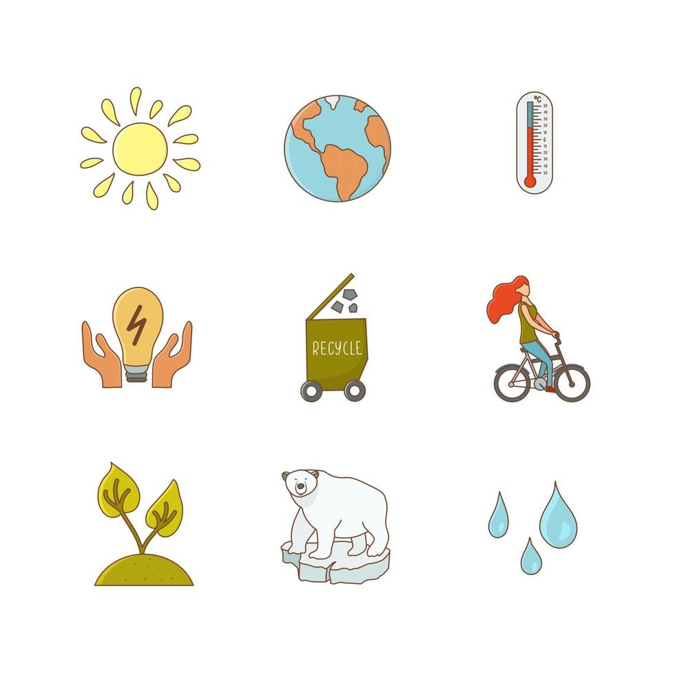 conjunto de iconos de calentamiento global aislado sobre fondo blanco. iconos de oso polar en témpano de hielo, termómetro, sol, reciclaje, comida ecológica, ahorro de energía, ciclismo. ilustración vectorial vector