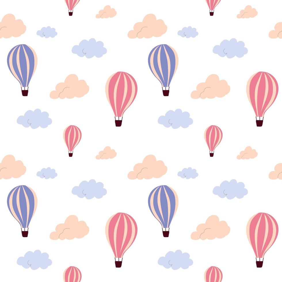 Seamless pattern with flying hot air balloon and colorful clouds, on a white background. Vector endless texture for travel design.