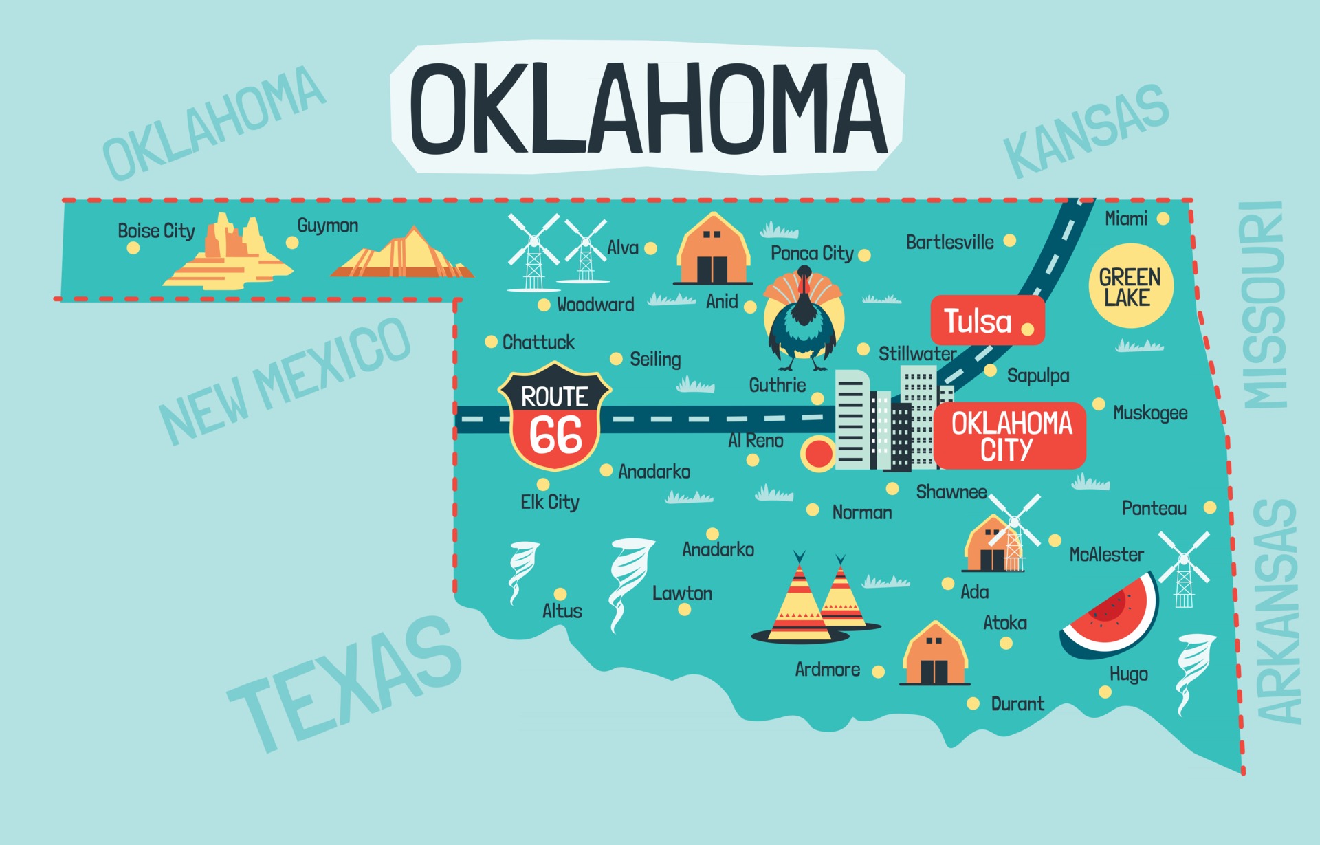 Hand Drawn Illustration of Oklahoma Map with tourist Destinations 