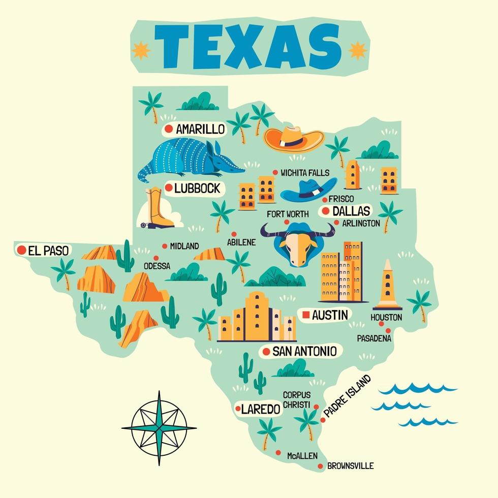 ilustración dibujada a mano del mapa de texas con destinos turísticos vector