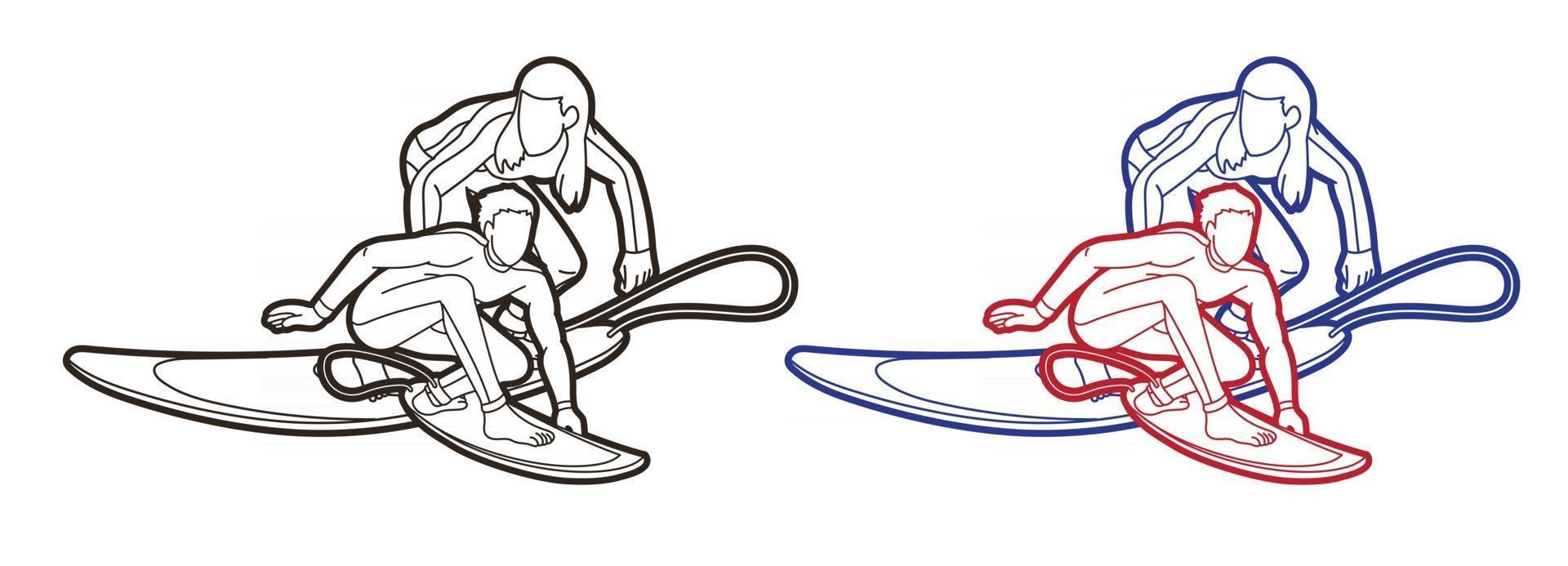 Outline Male and Female  Surfer Surfing Sport vector