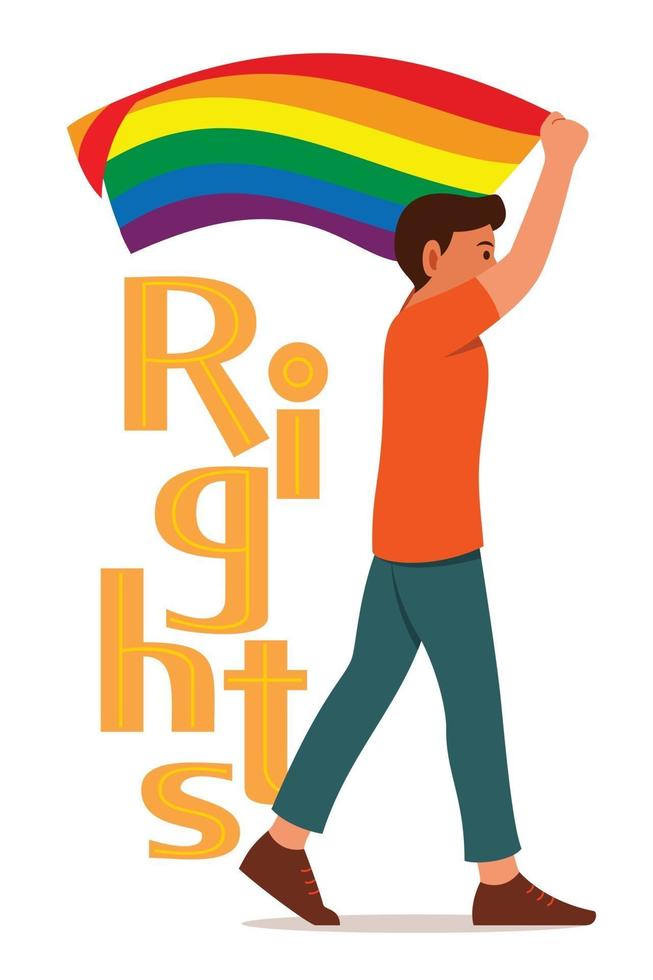 El hombre sostiene una bandera del arco iris mientras camina por el movimiento lgbt y la gran palabra de derechos está de regreso. vector