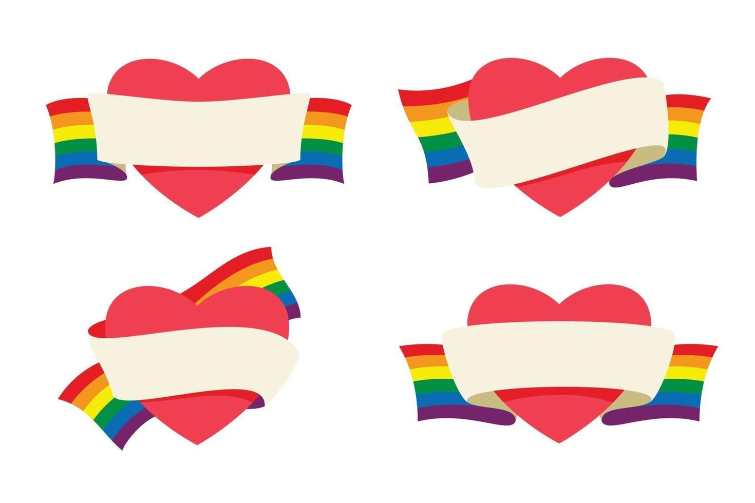 cuatro estilos de corazones están envueltos por un banner de cinta con la bandera del arco iris para la actividad lgbt. vector