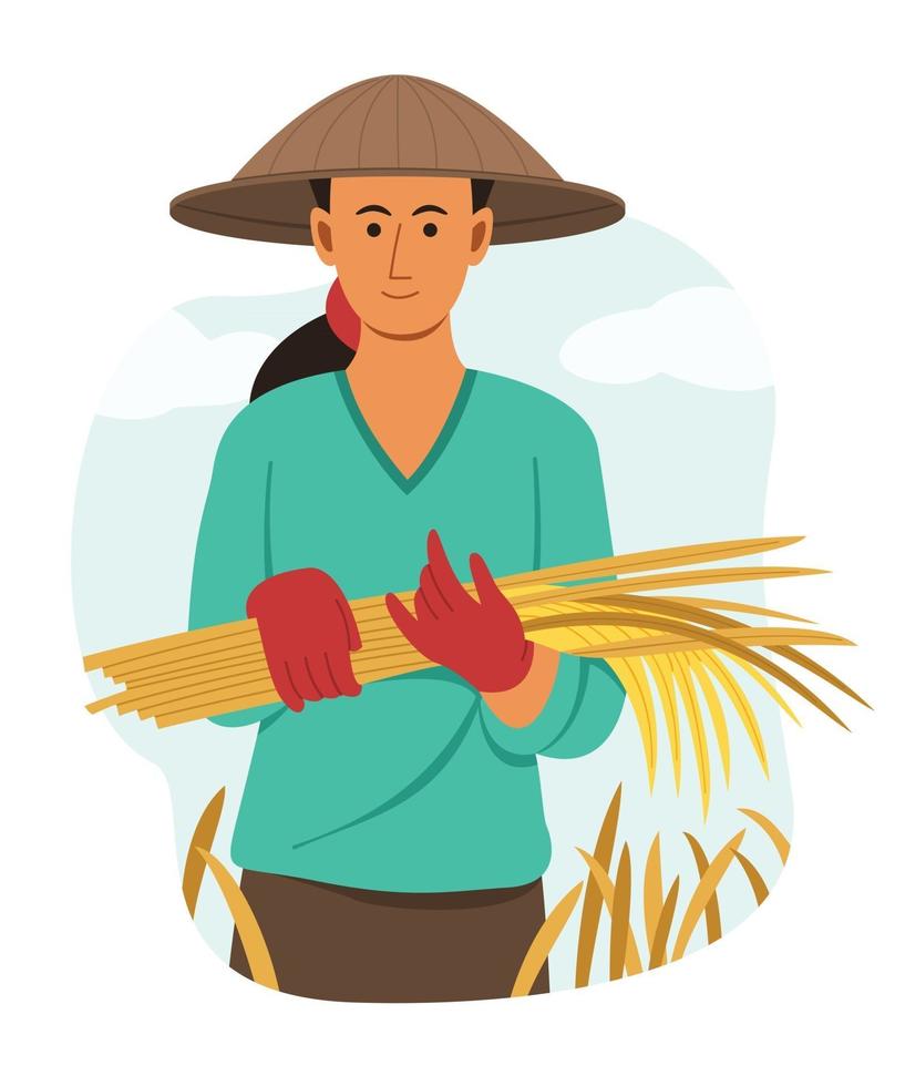 Asian Woman Farmer Hold the Dry Rice from Harvest in Paddy Field. 2860495  Vector Art at Vecteezy