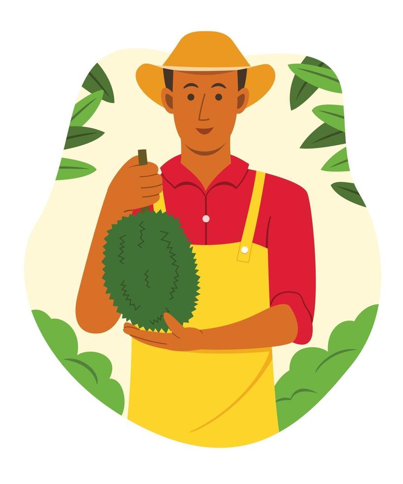 Asian Man Farmer Hold the Durian from Harvest in Tropical Fruit Garden. vector