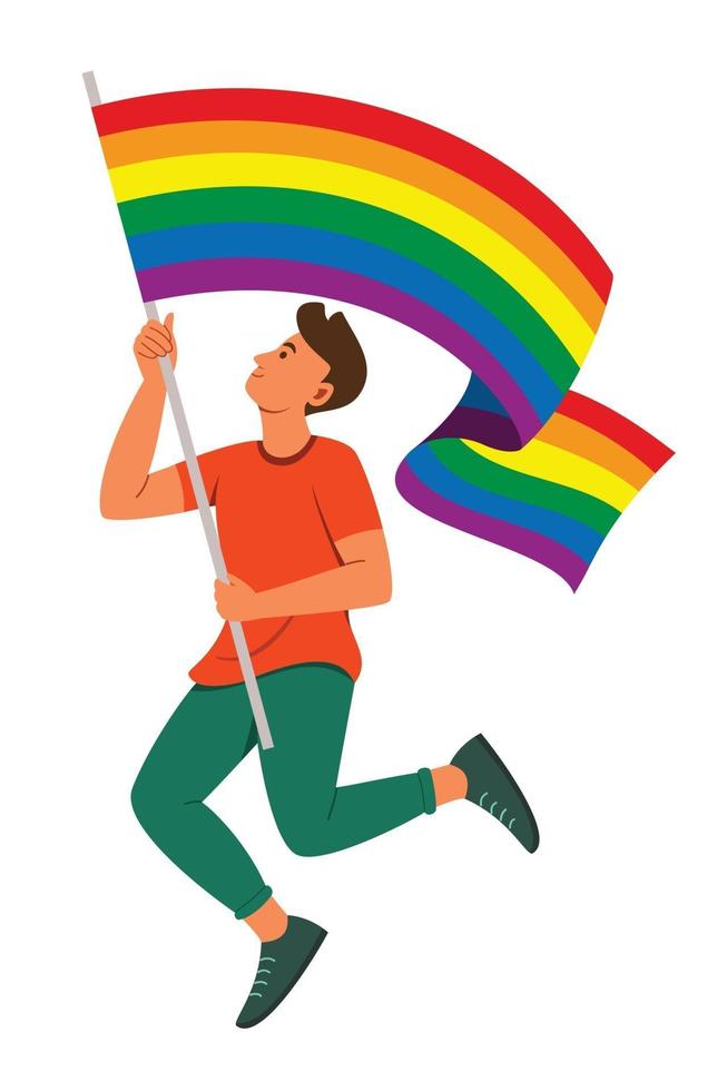 el hombre salta mientras sostiene una bandera del arco iris para el movimiento lgbt. vector