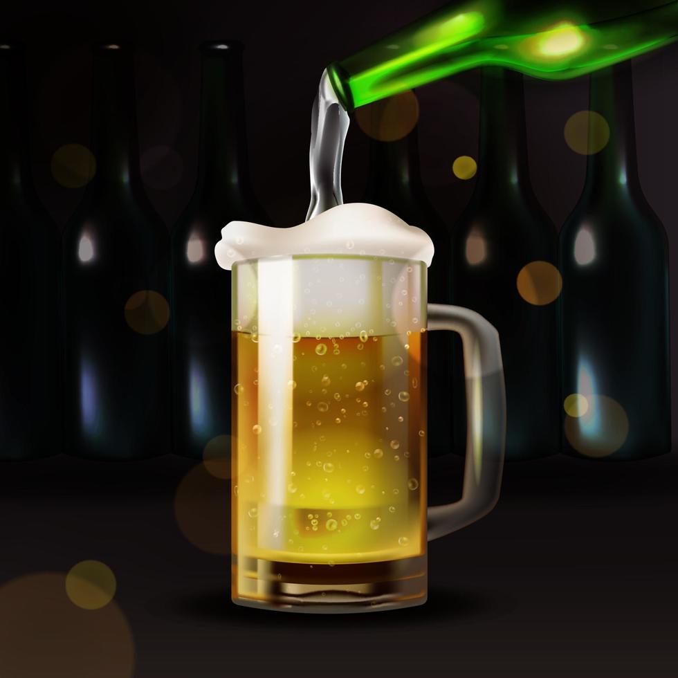 cerveza realista vertiendo en un vaso vector