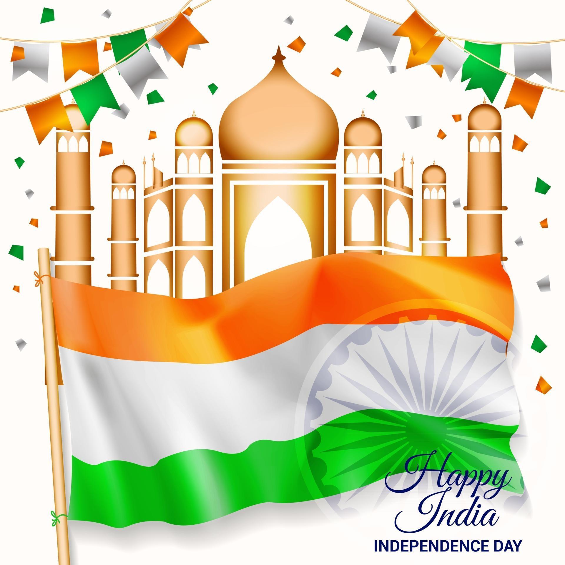 India Independence Day with realistic flag and Taj Mahal ...