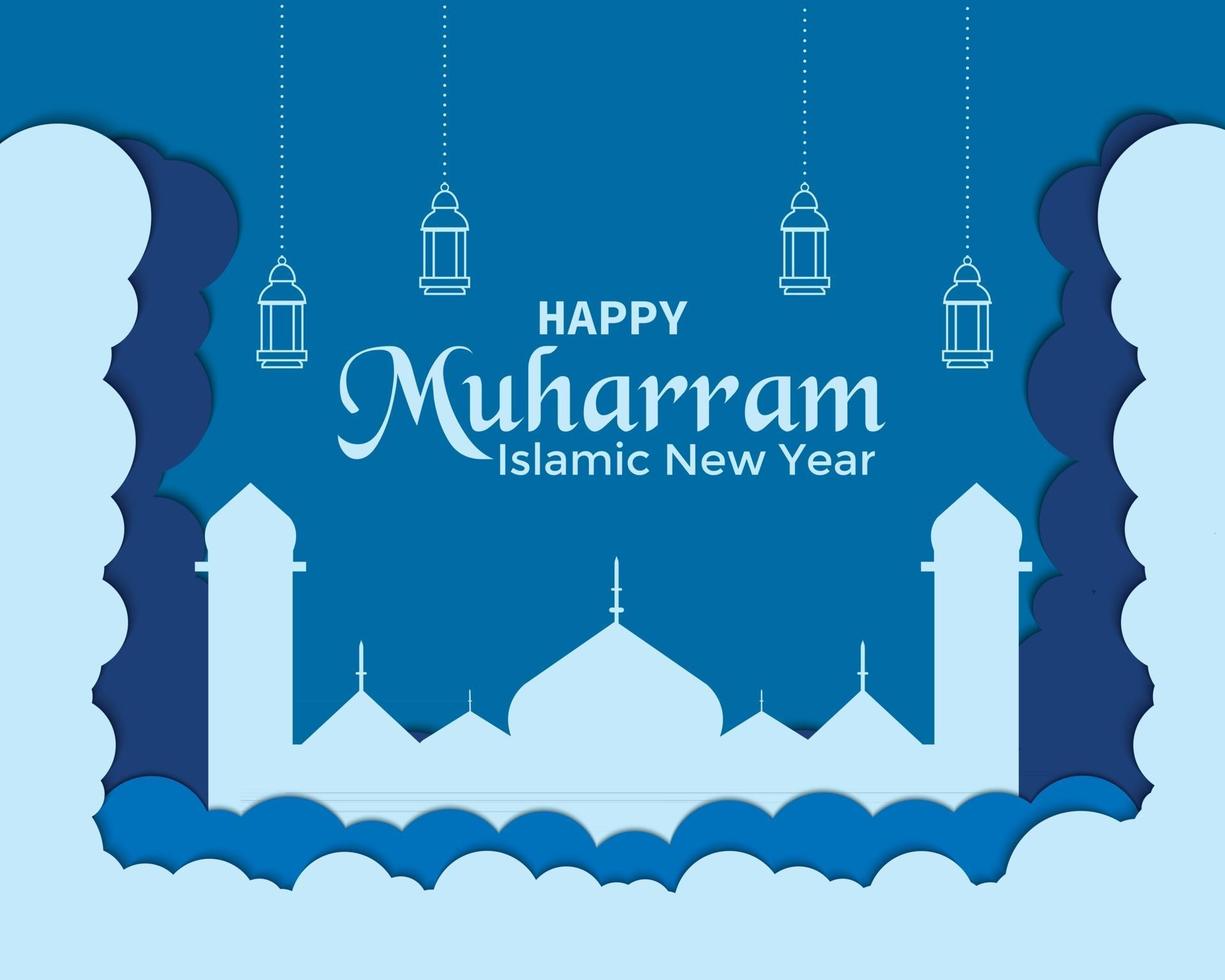 feliz muharram nube mezquita linterna vector