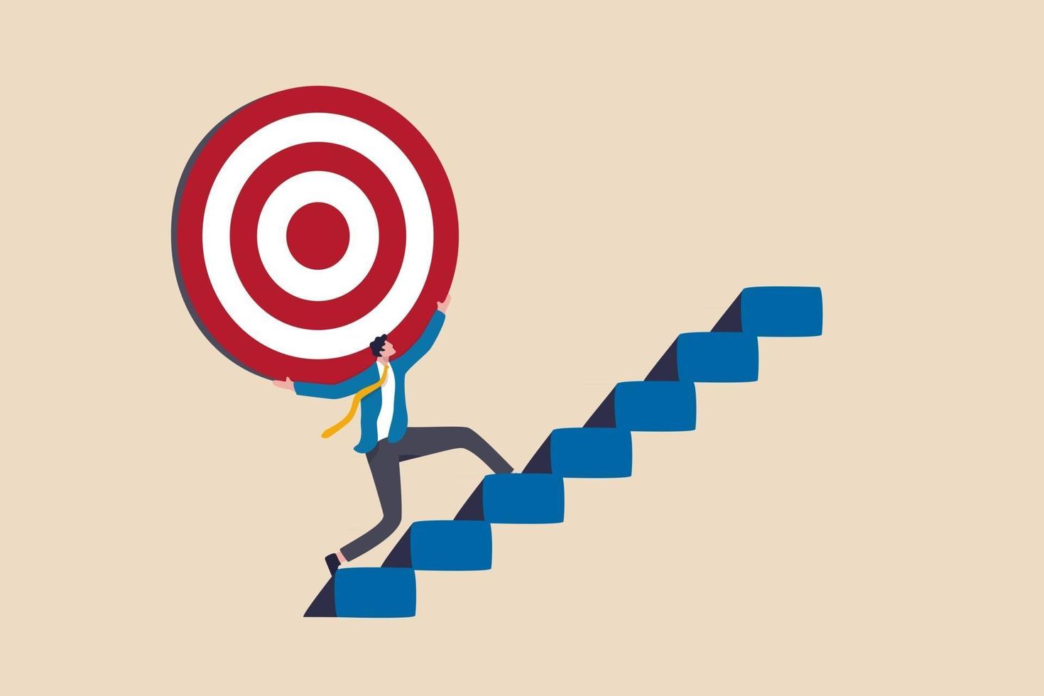 Effort and ambition to reach goal or target, challenge to win higher target, business mission or career concept, strong businessman carry big target on his shoulder walking up the stairs. vector