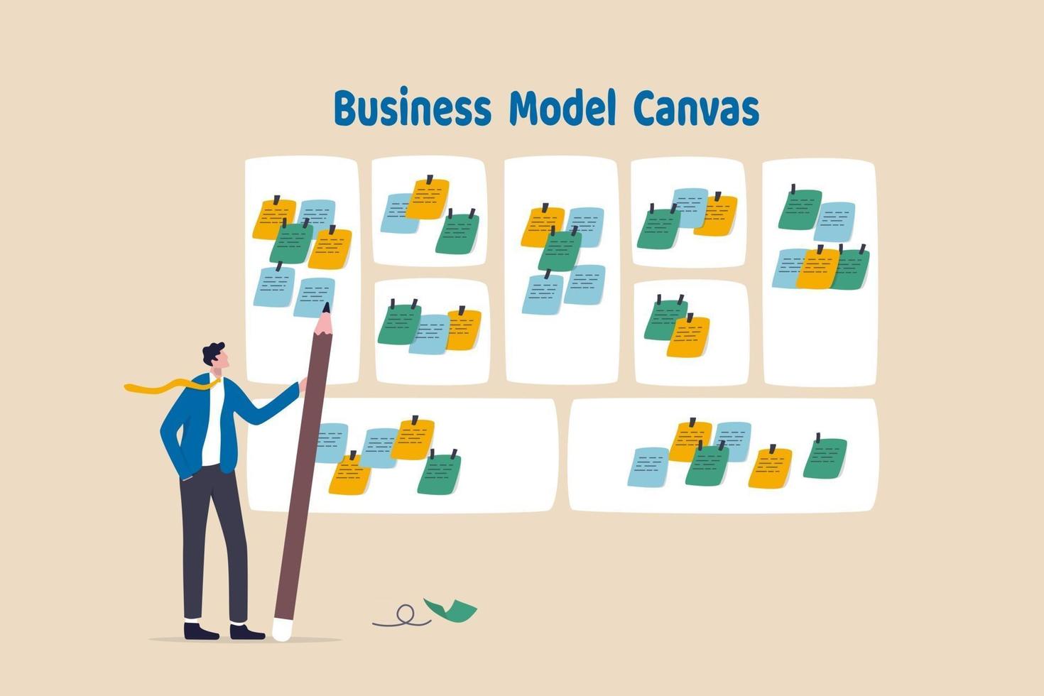 Writing business model, entrepreneur plan for starting new business, present or brainstorm to get success ideas concept, smart businessman holding pencil after finish writing business model canvas. vector